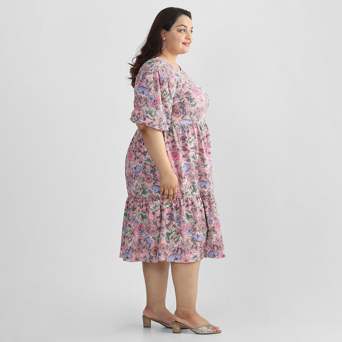 Rose Floral Midi Dress For Plus Size Women