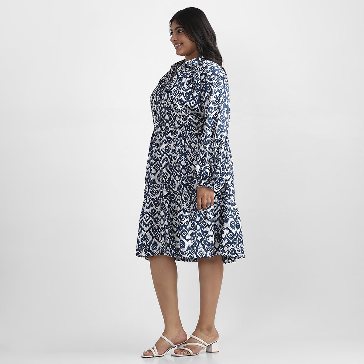 Ikat Print Satin Plus Size Shirt Dress