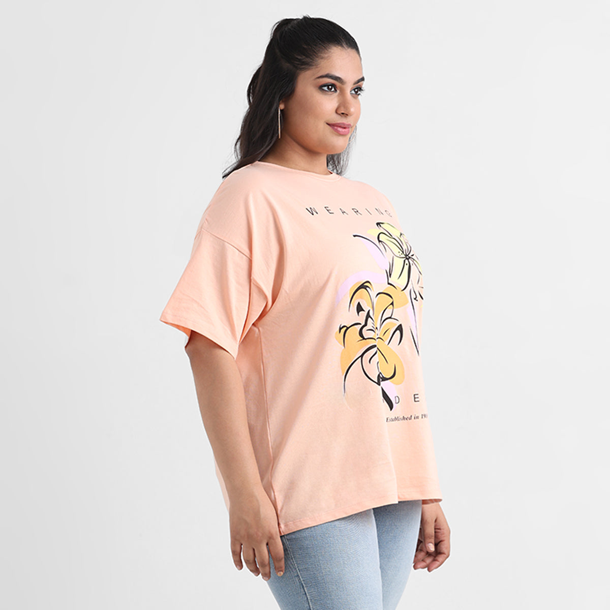 Peach floral print plus size cotton tee