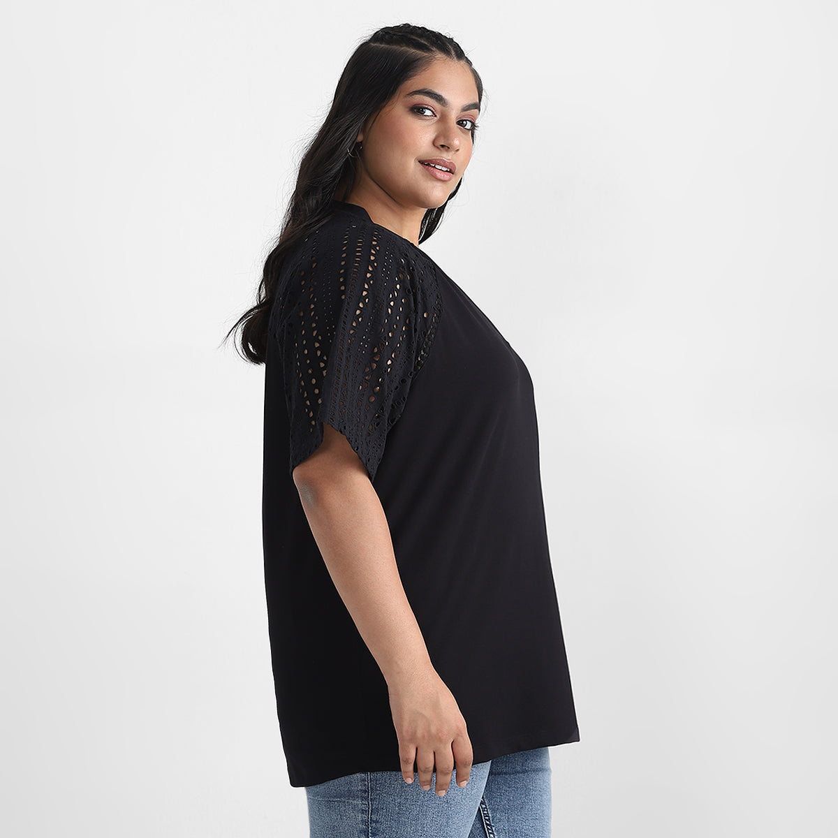 Schiffli Sleeve Detail Plus Size Tshirt