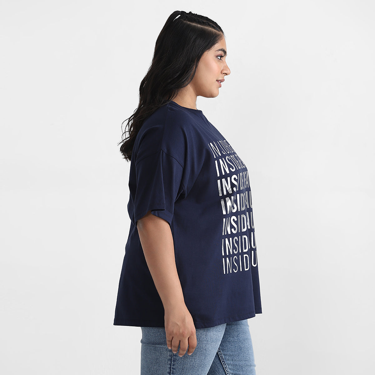 Navy blue foil text plus size chest print cotton tee