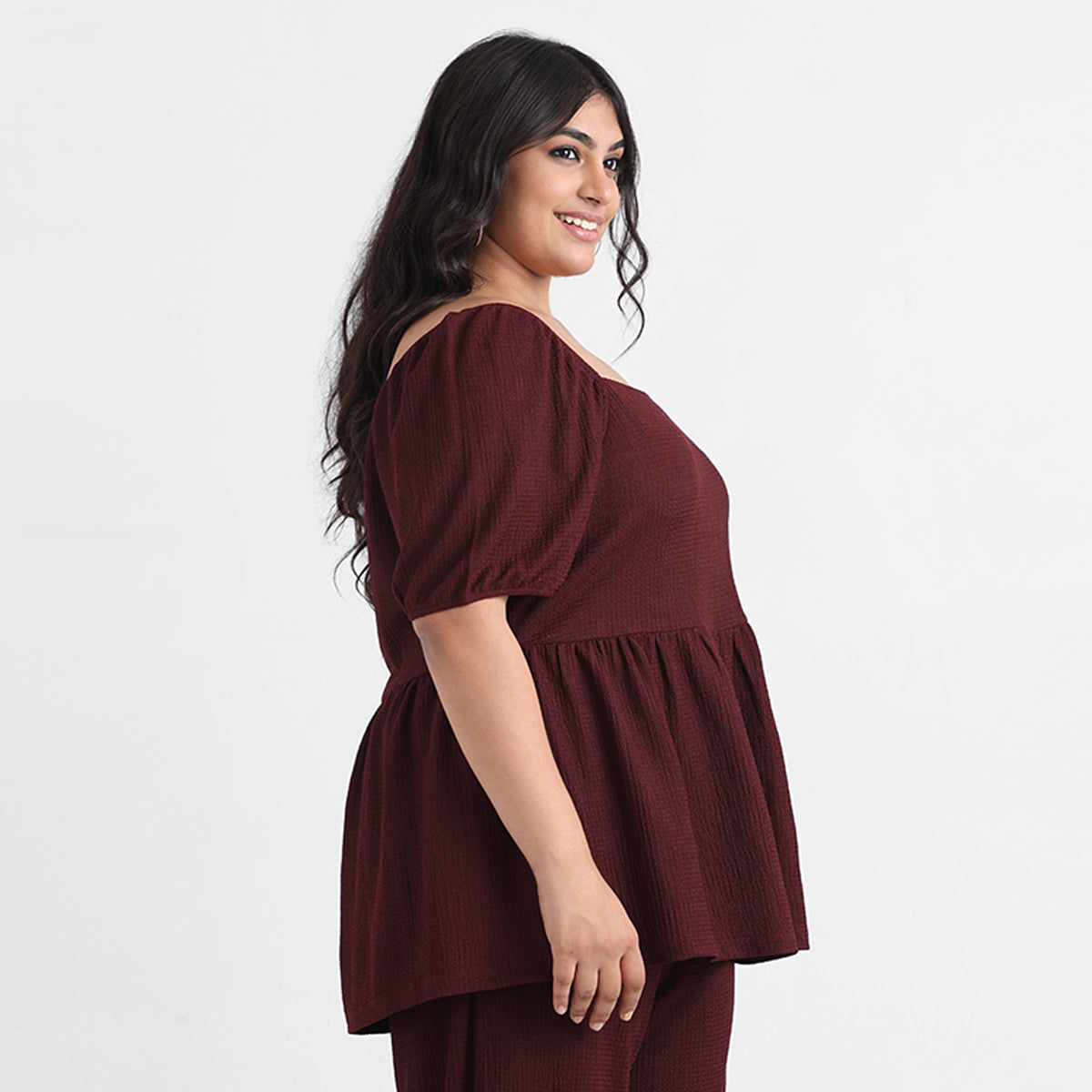 Maroon textured knit plus size peplum top