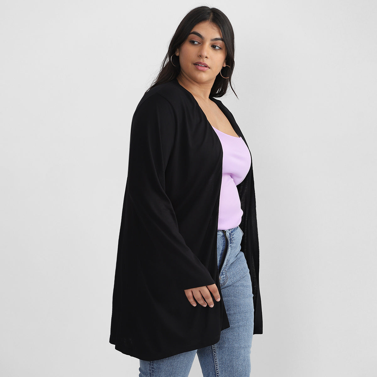 Black Viscose Lycra Plus Size Basic Shrug