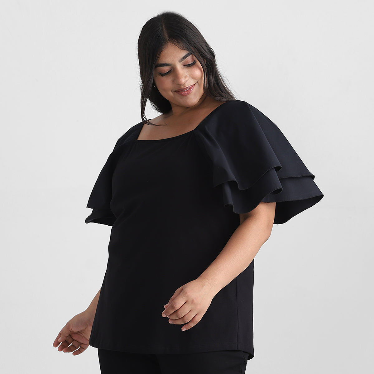 Poplin Ruffle Sleeves Plus Size Knit Top