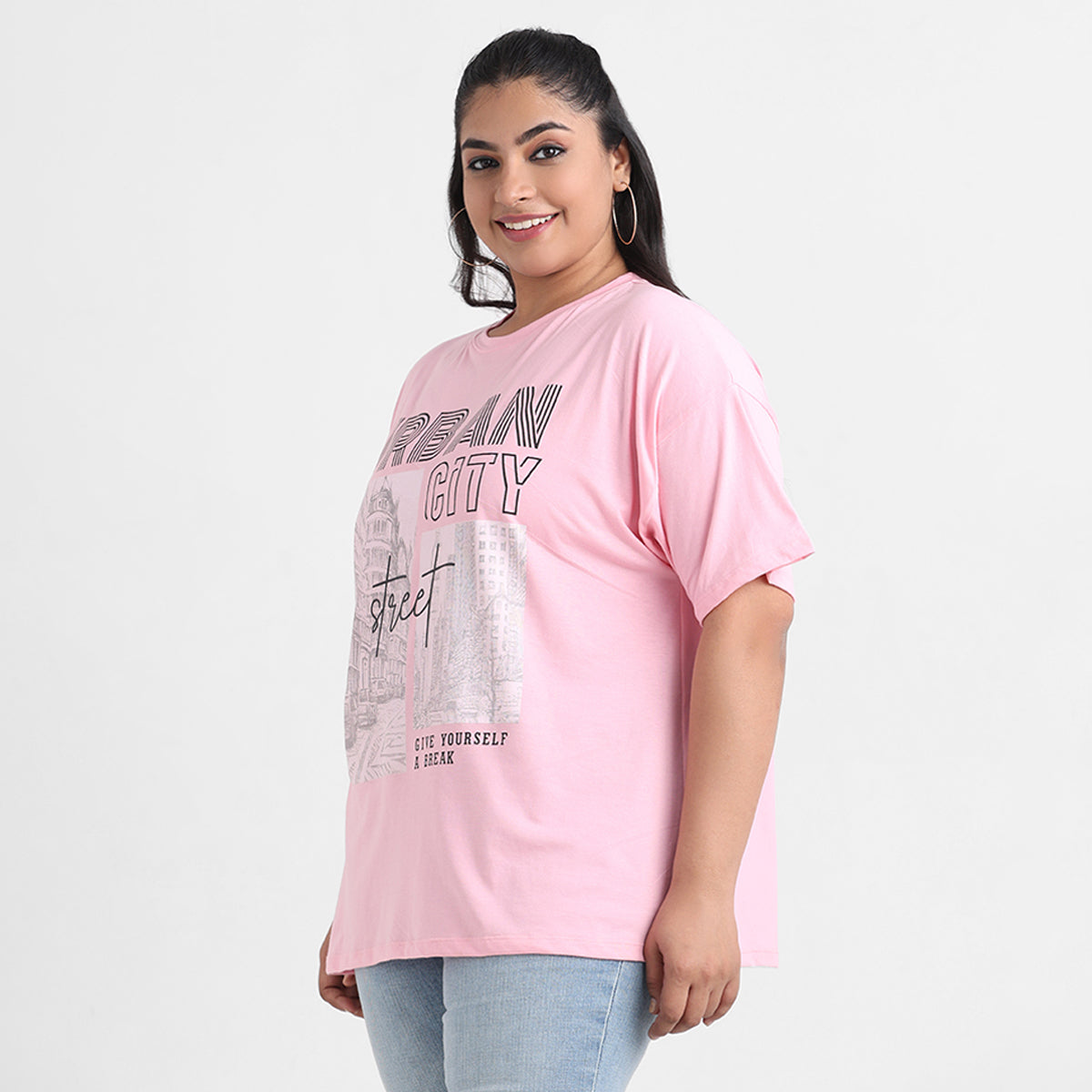 Pink city plus size chest print cotton tee