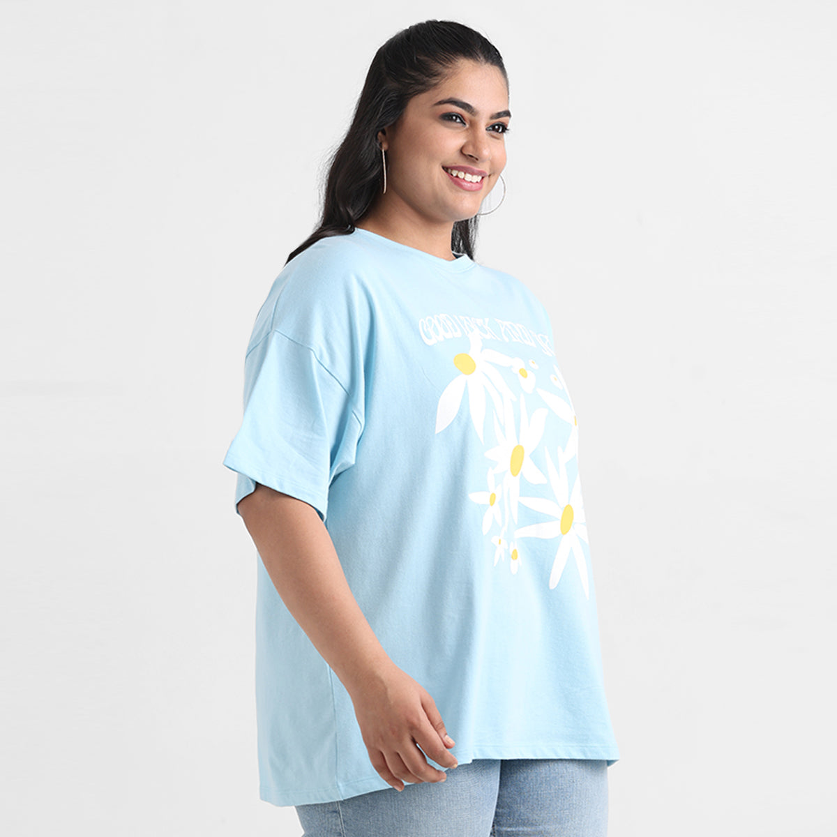 Sky blue floral chest print plus size cotton tee