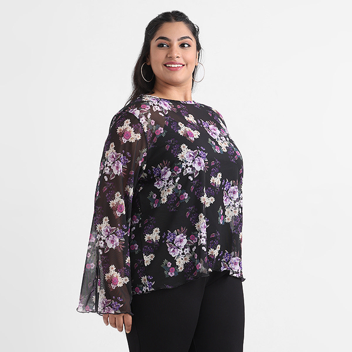 Black floral print plus size mesh boat neck top