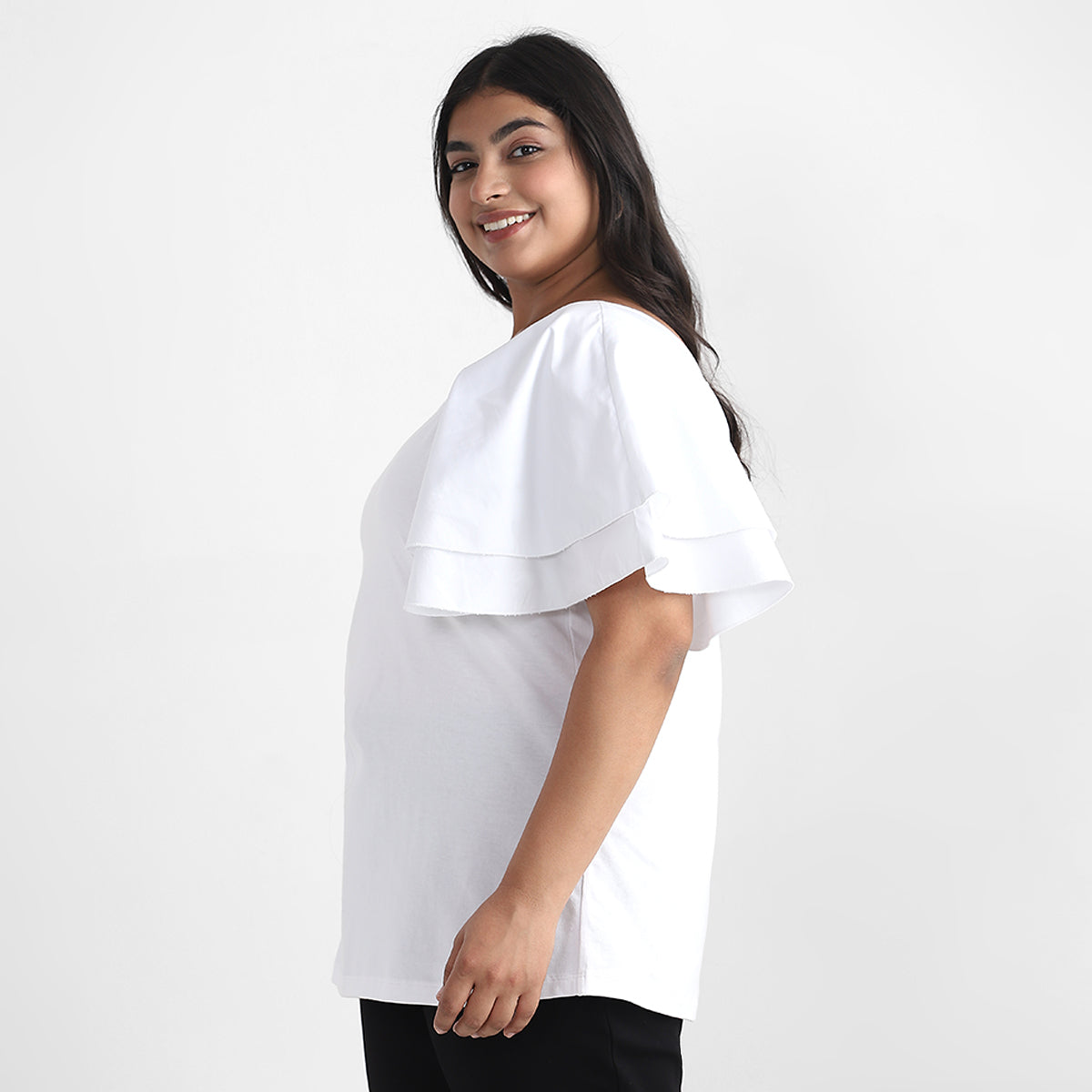 White Poplin Ruffle Sleeves Plus Size Knit Top