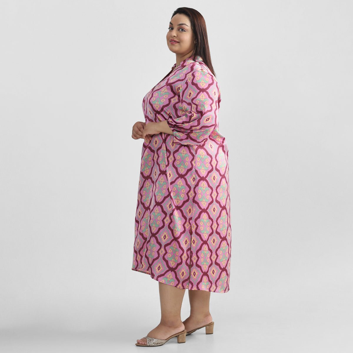 Plus Size Patterned Pink Kaftan Dress 