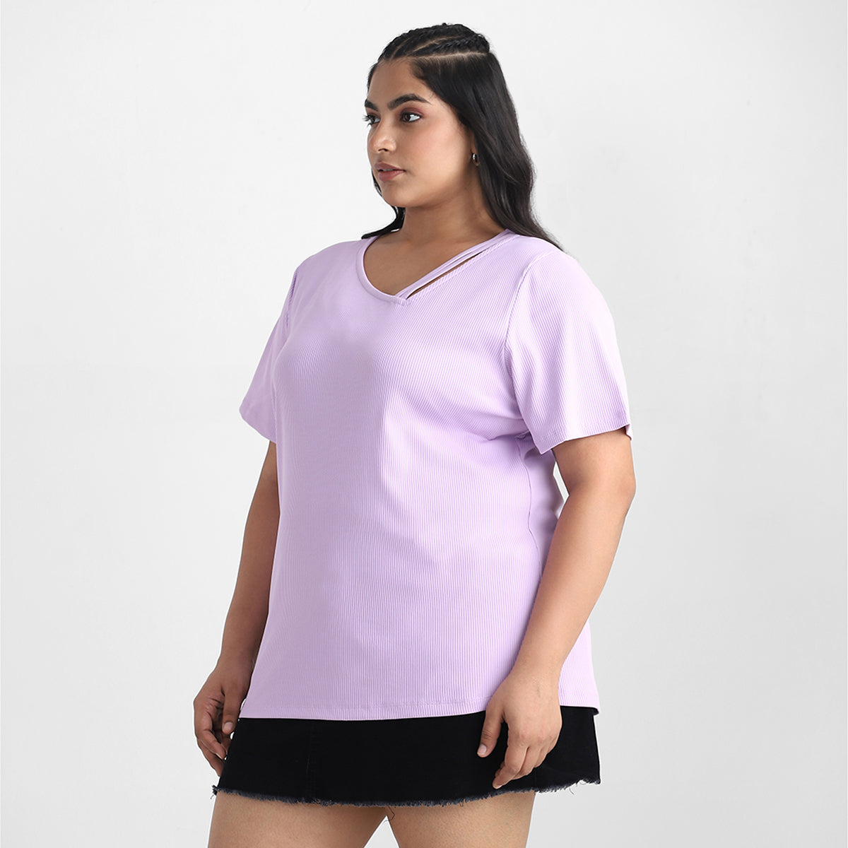 Lavender V Neck Rib Plus Size Tshirt