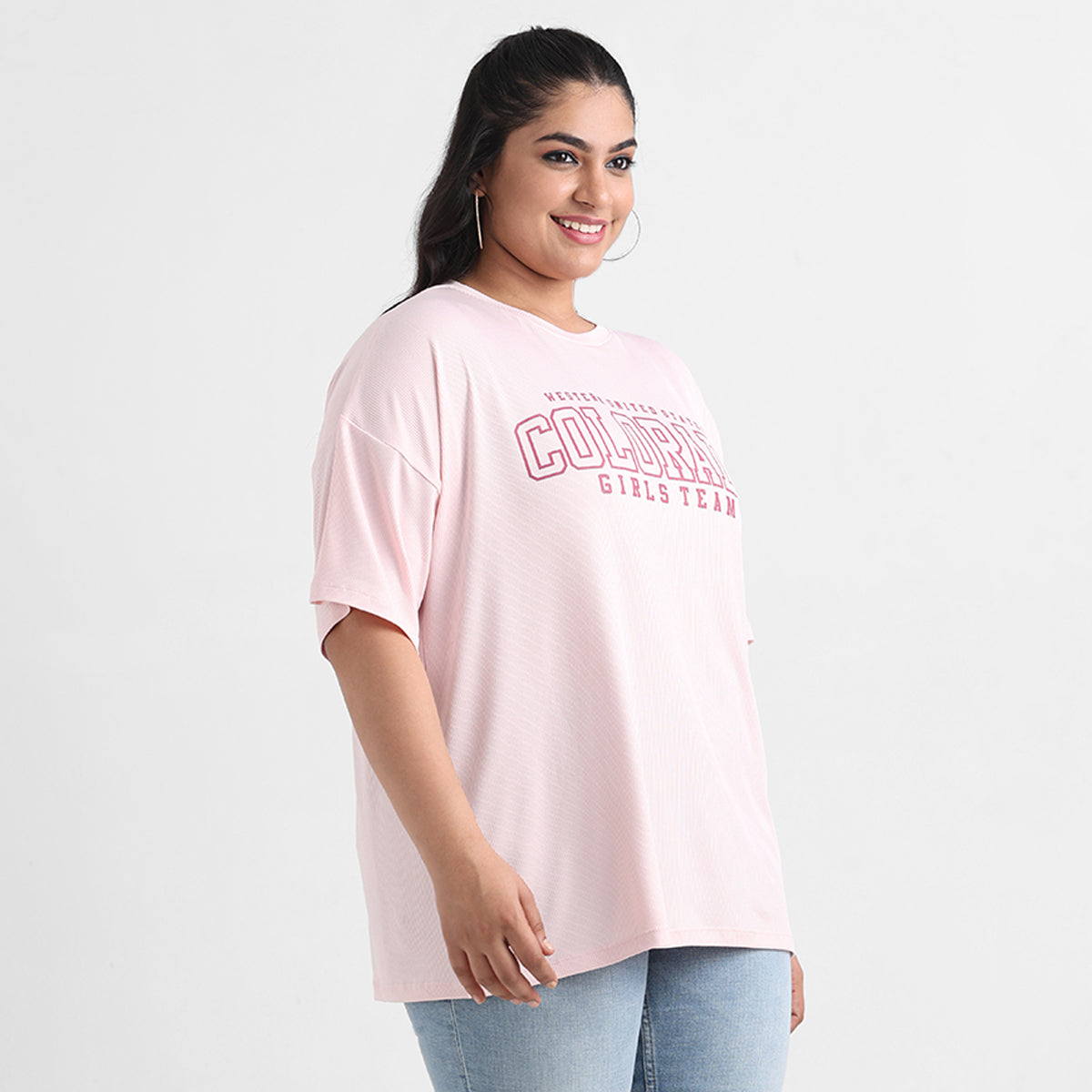 Pink rib plus size chest print t-shirt