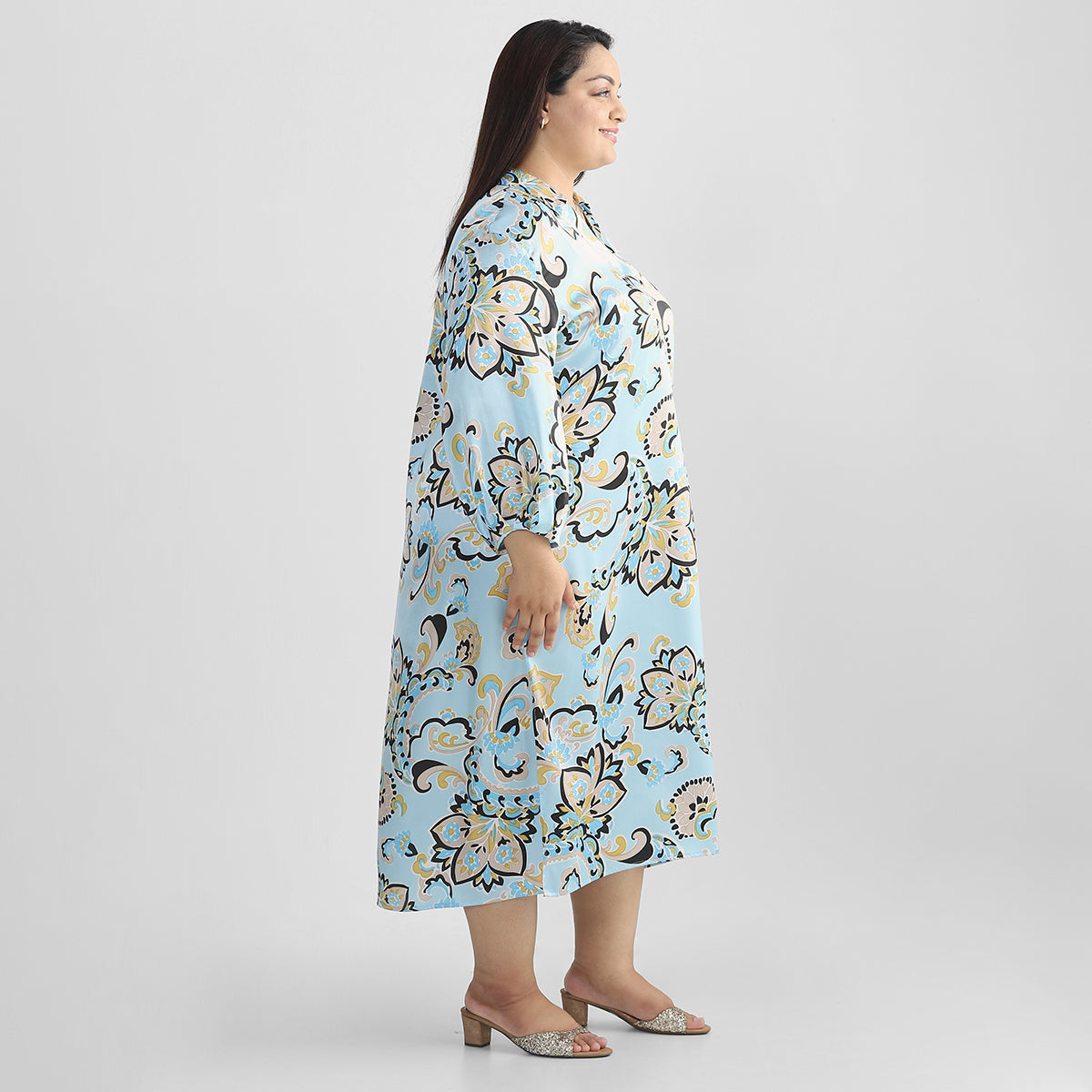 Plus Size Floral Blue Kaftan Dress 