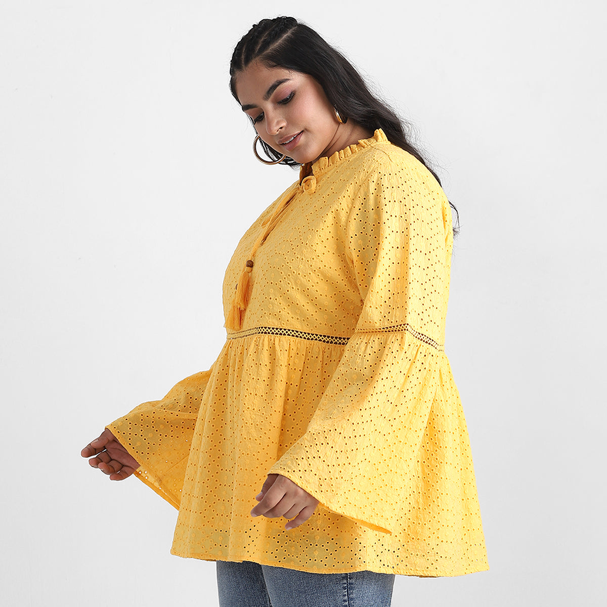 Yellow Schiffli Plus Size Peplum Top