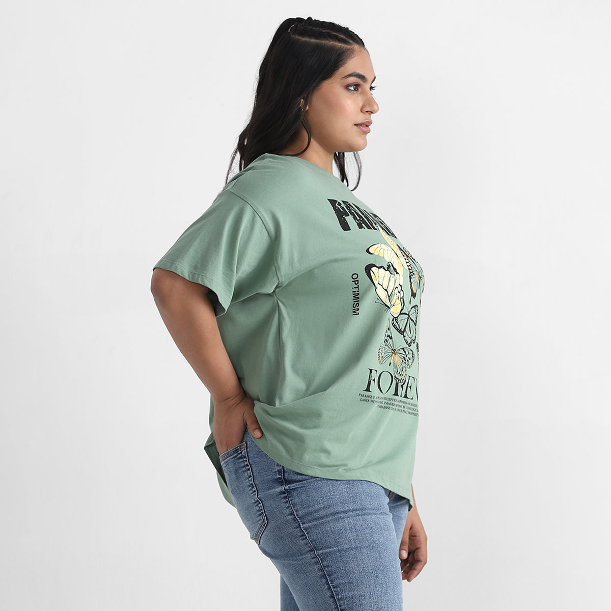 Green butterfly print plus size cotton tee