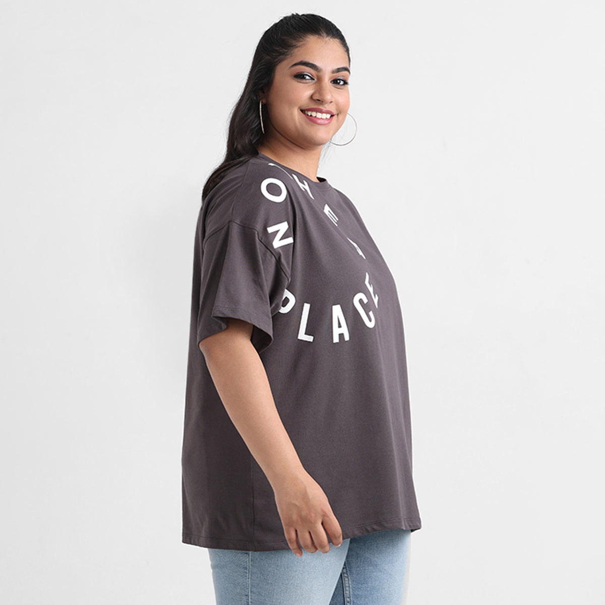 Charcoal grey plus size shoulder print cotton tee