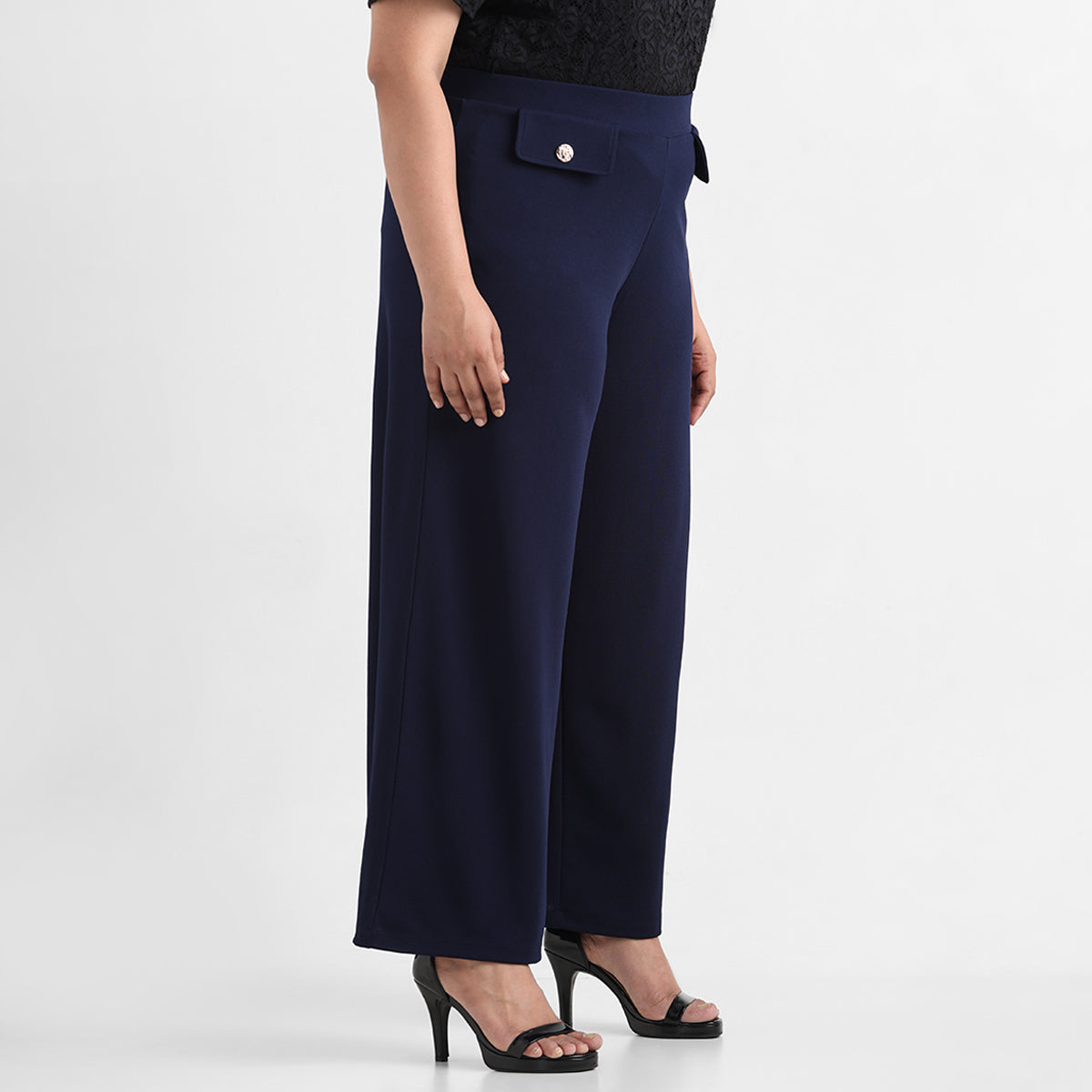 Navy blue textured knit plus size buttoned wide leg trousers