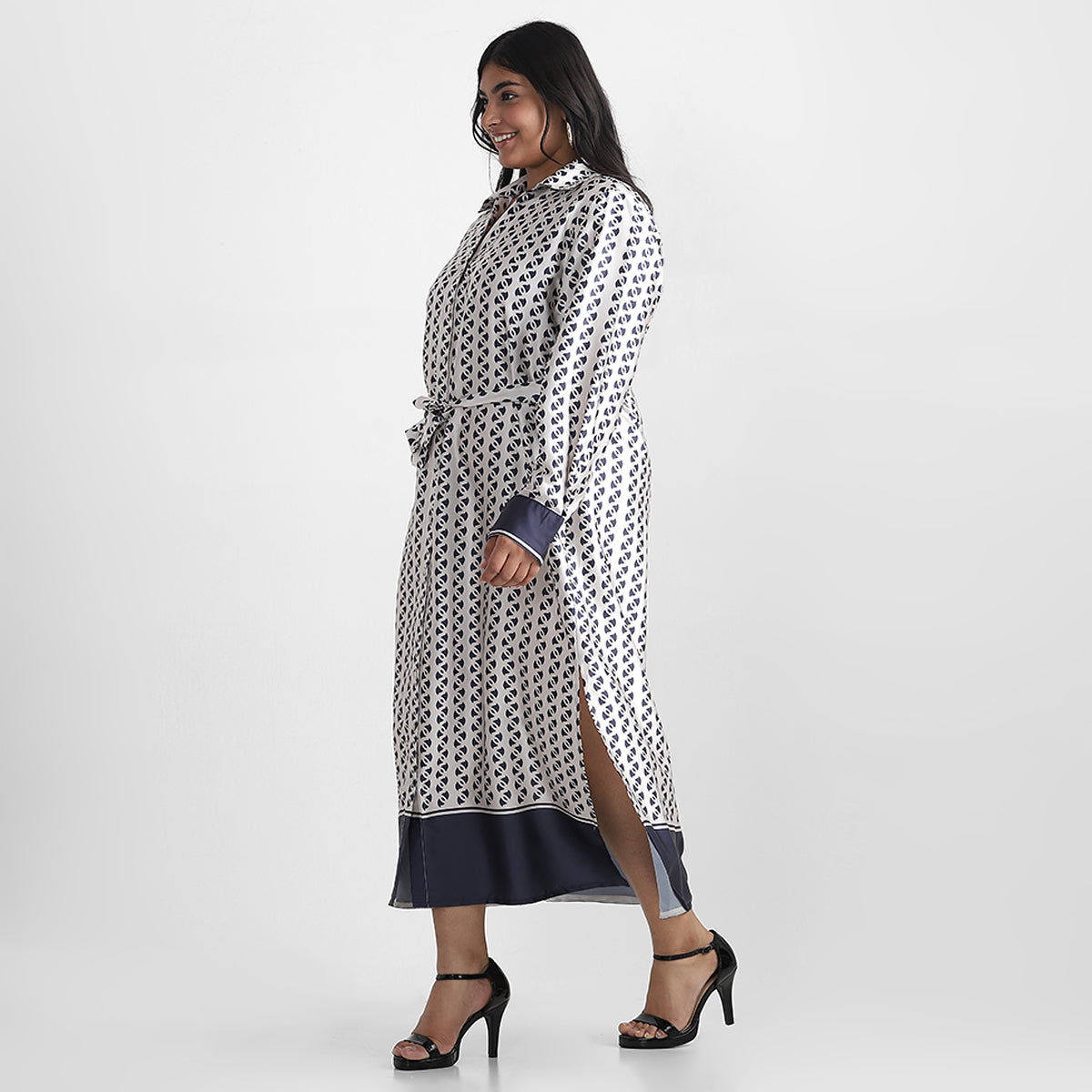 Border Print Satin Plus Size Shirt Dress