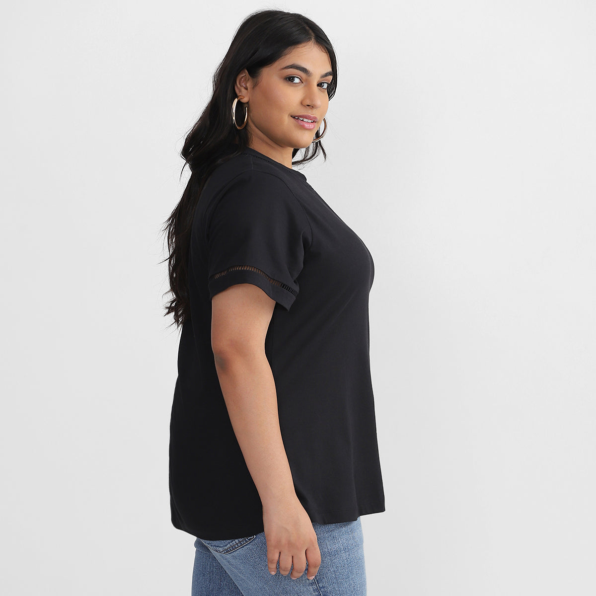 Plus Size Lace Insert Basic T-shirt 