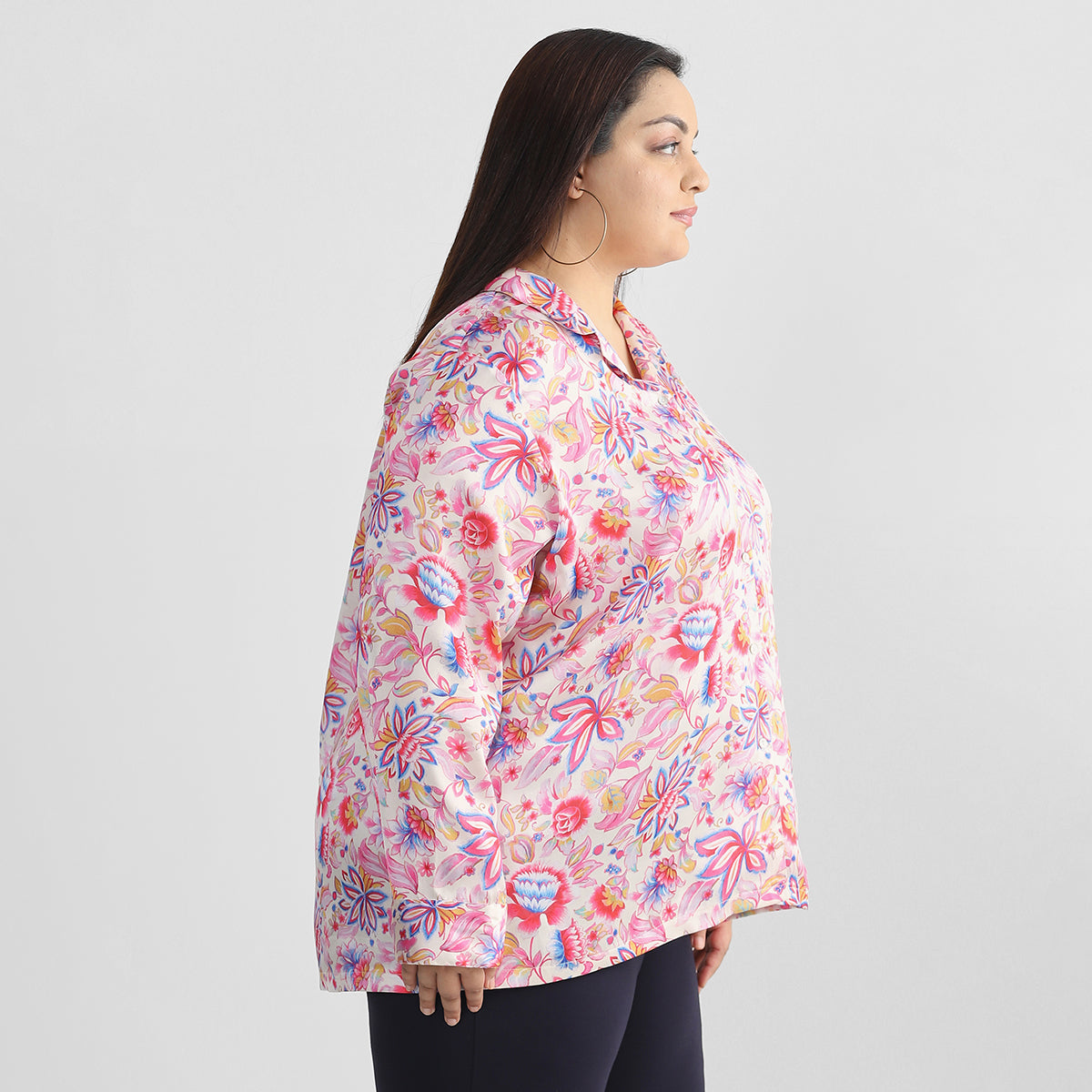 Pink Floral Printed Plus Size Basic Satin Shirt