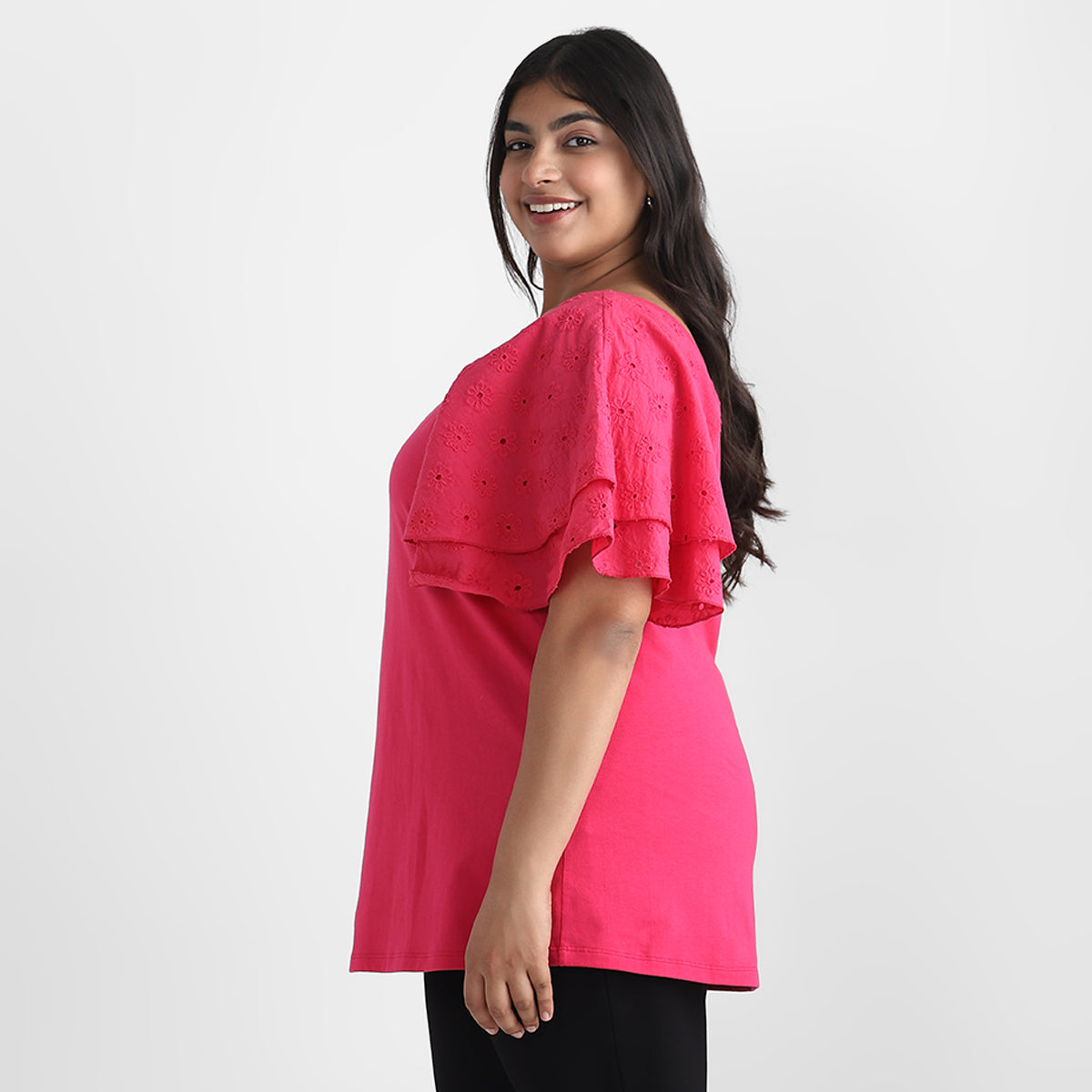 Pink Poplin Ruffle Sleeves Plus Size Knit Top