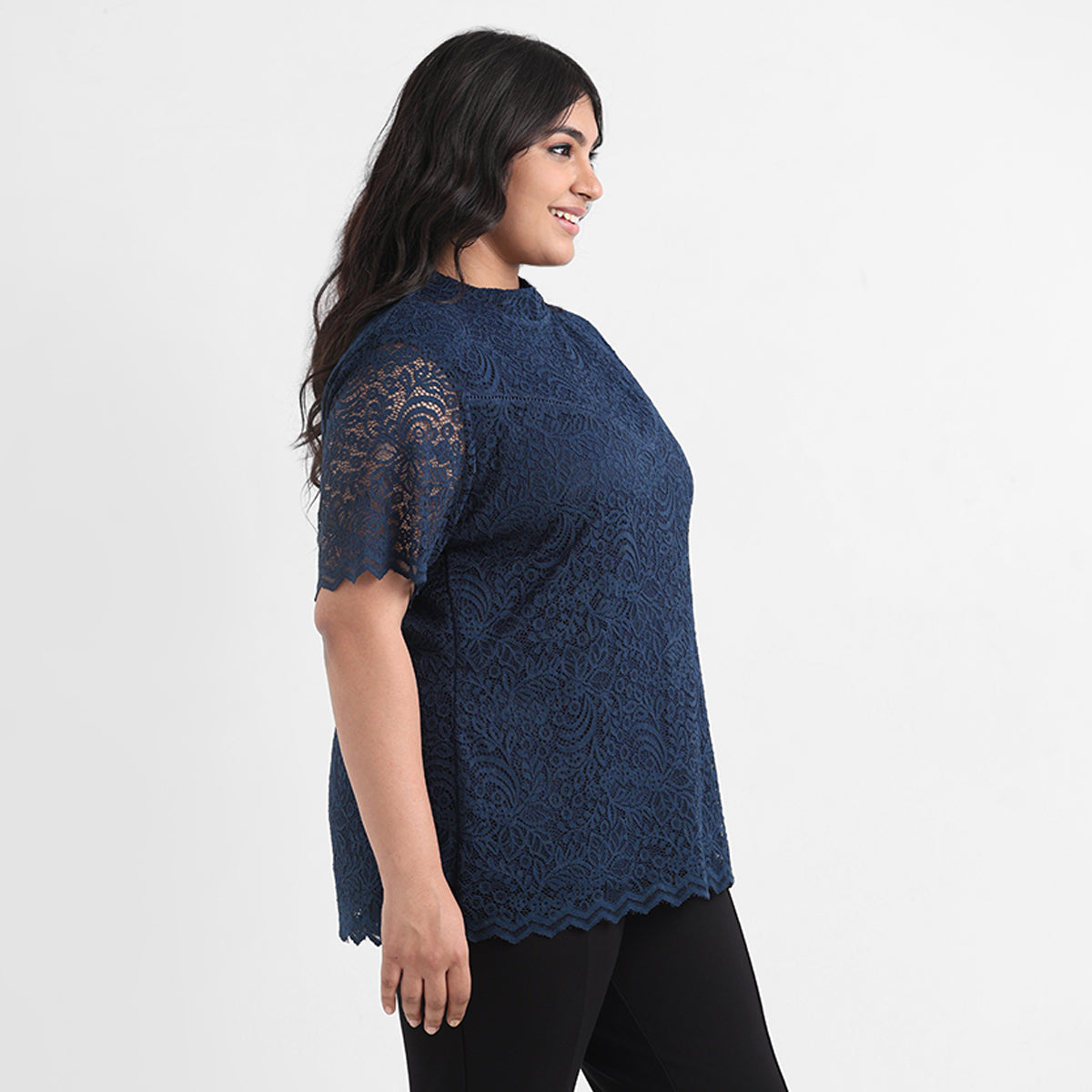 Teal plus size knit lace top