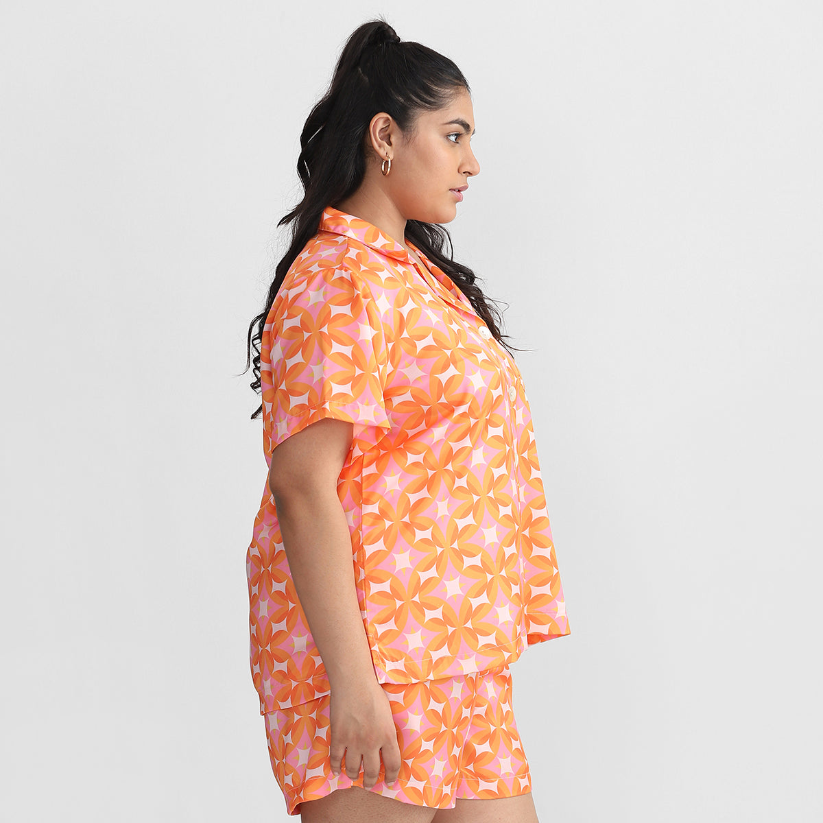 Orange Geometric Print Plus Size Satin Short Set