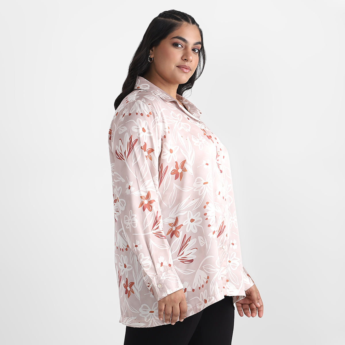 Beige Satin Print Plus Size Basic Shirt