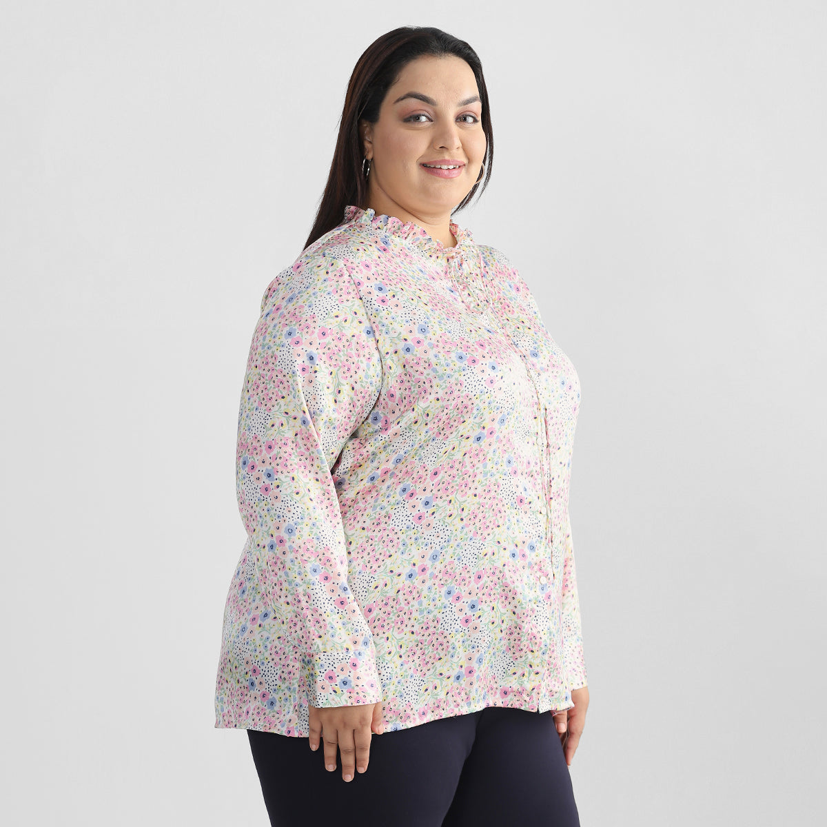 White Floral Printed Plus Size Ruffle Neck Satin Shirt