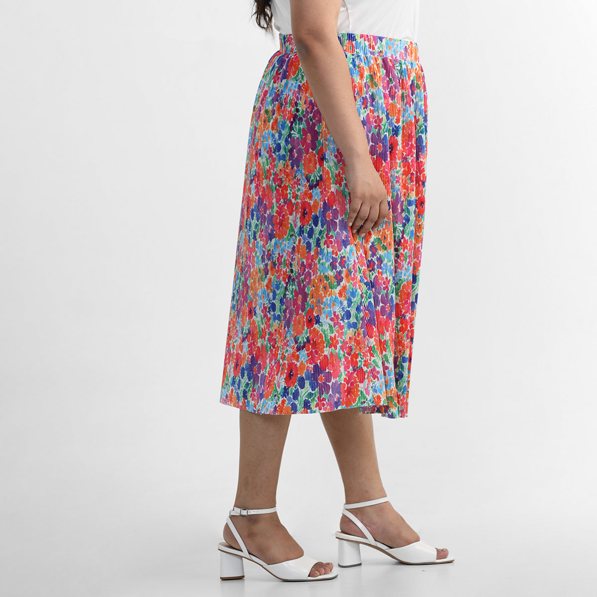 Multi Colored Floral Printed Plus Size Pleated Knit Skirt