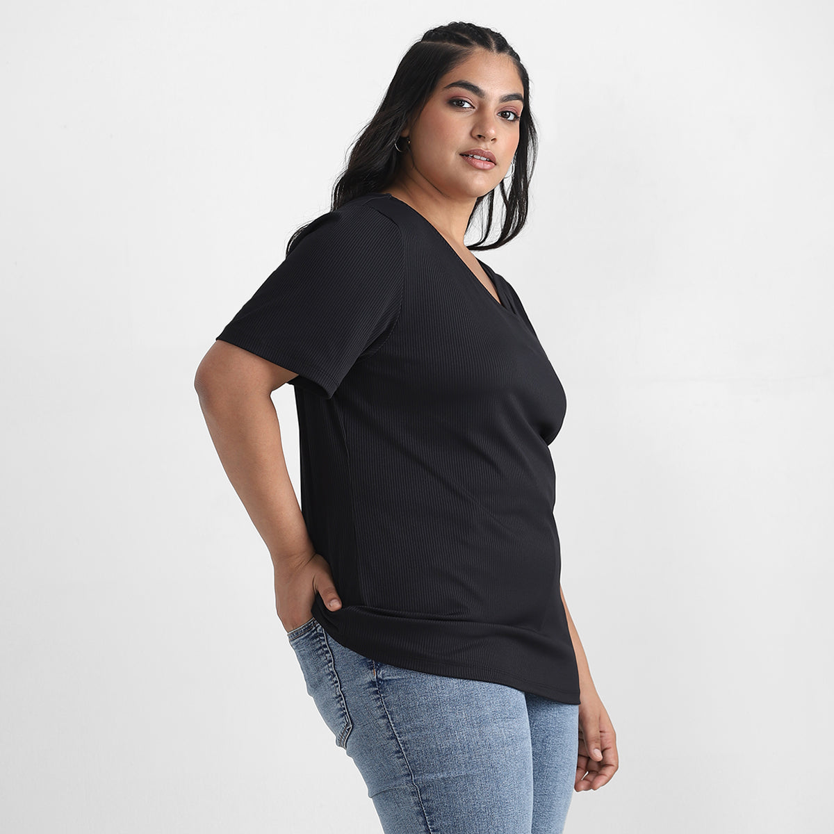 Black V Neck Rib Plus Size Tshirt