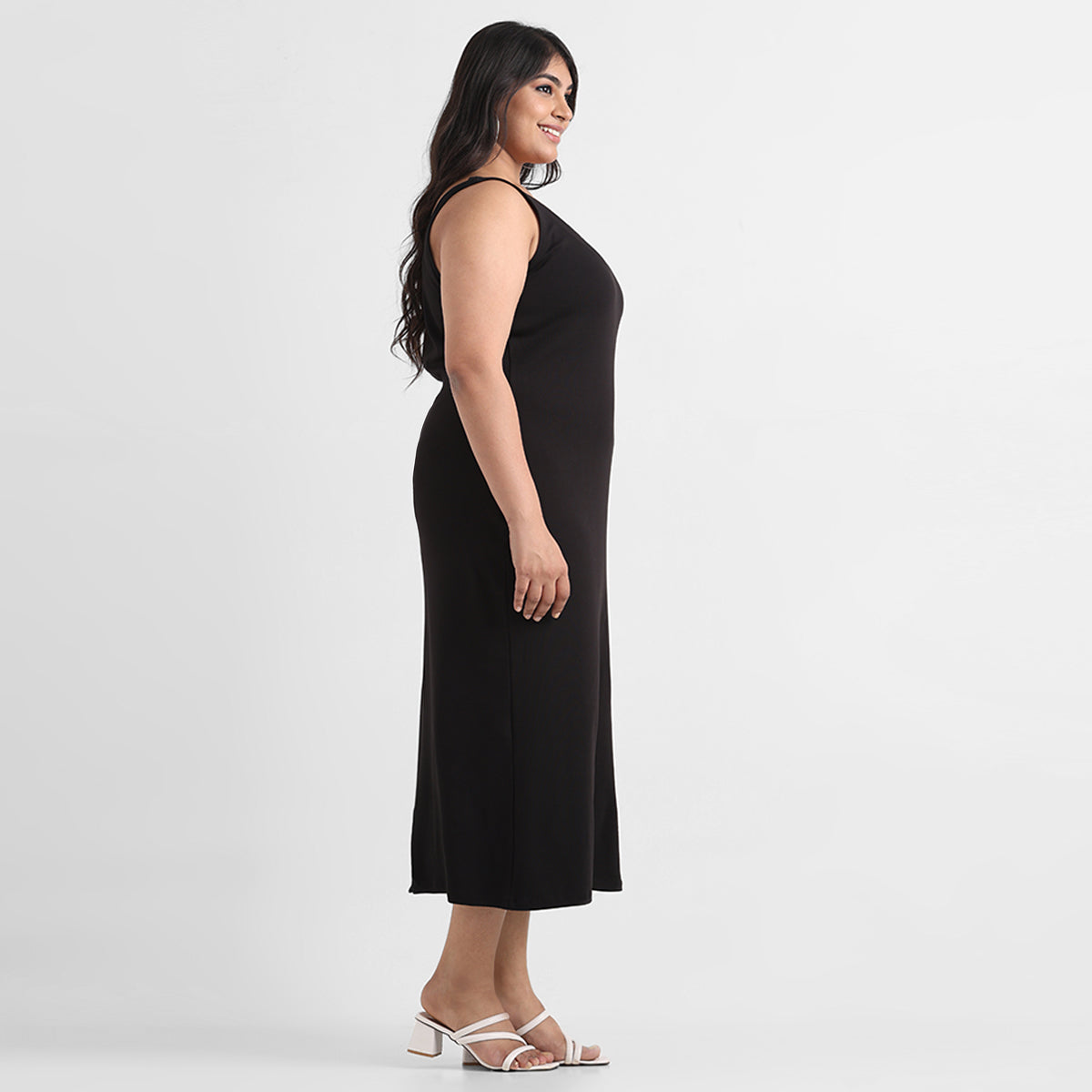 Black cotton rib plus size sleeveless bodycon midi dress