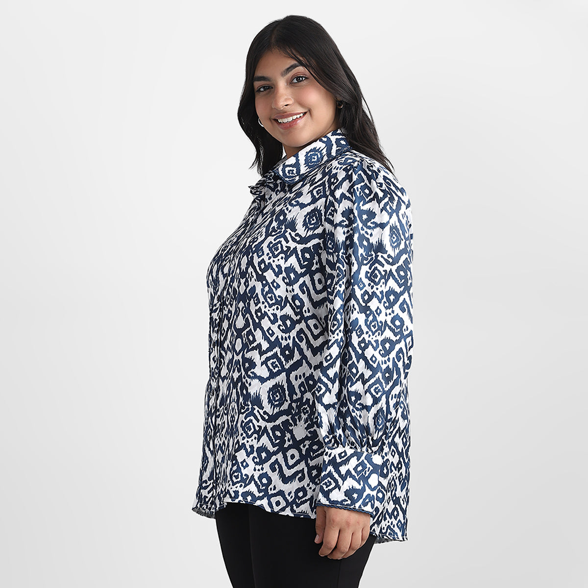 Ikat Print Satin Plus Size Shirt