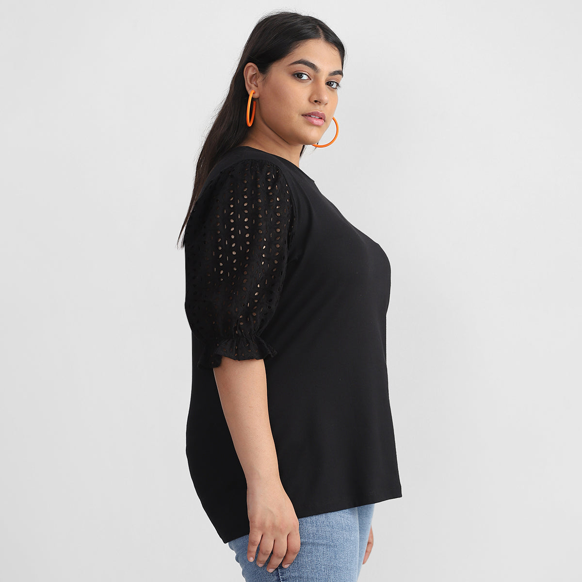 Black Cutwork Sleeves Top For Plus Size Women