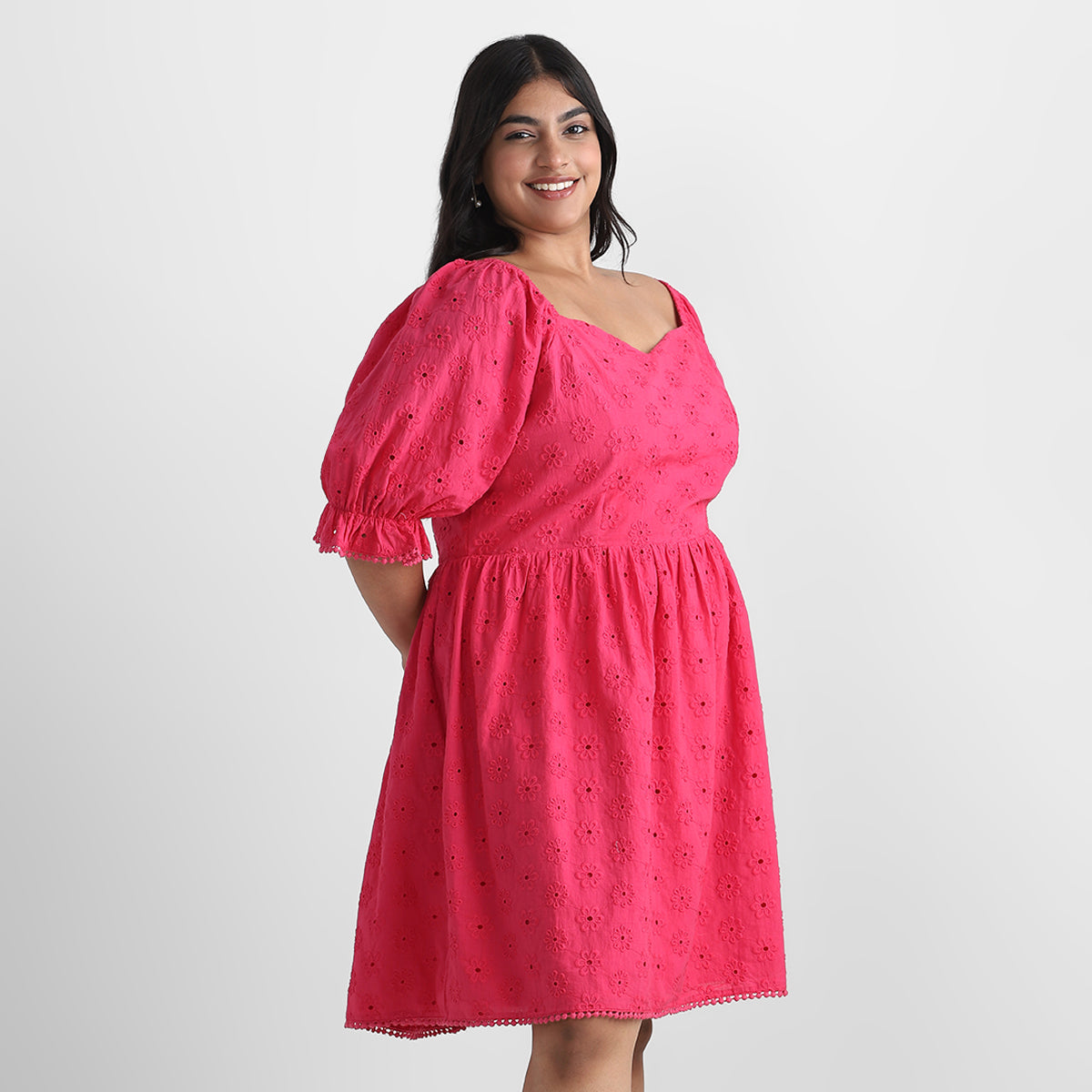 Pink Schiffli Plus Size Short Dress