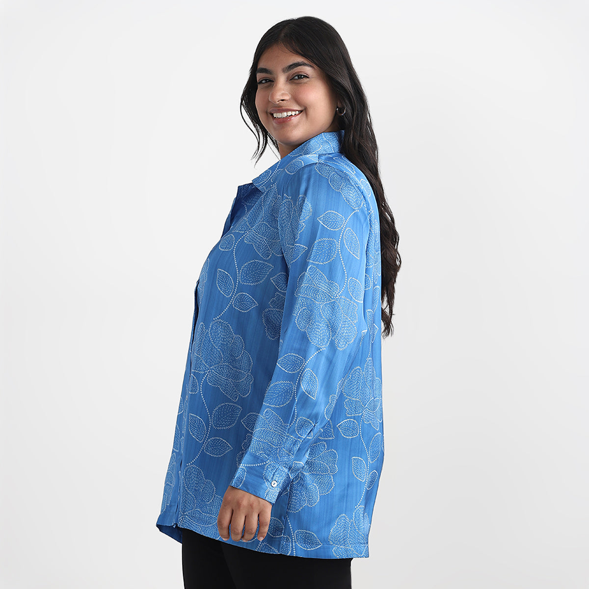 Blue Satin Print Plus Size Basic Shirt