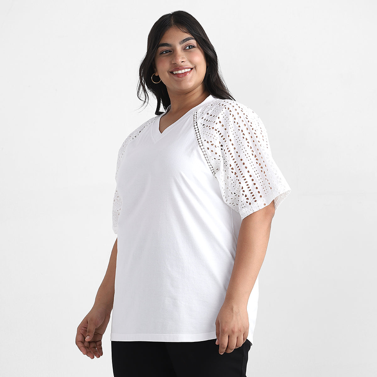 Cotton Schiffli Sleeve Detail Plus Size Tshirt