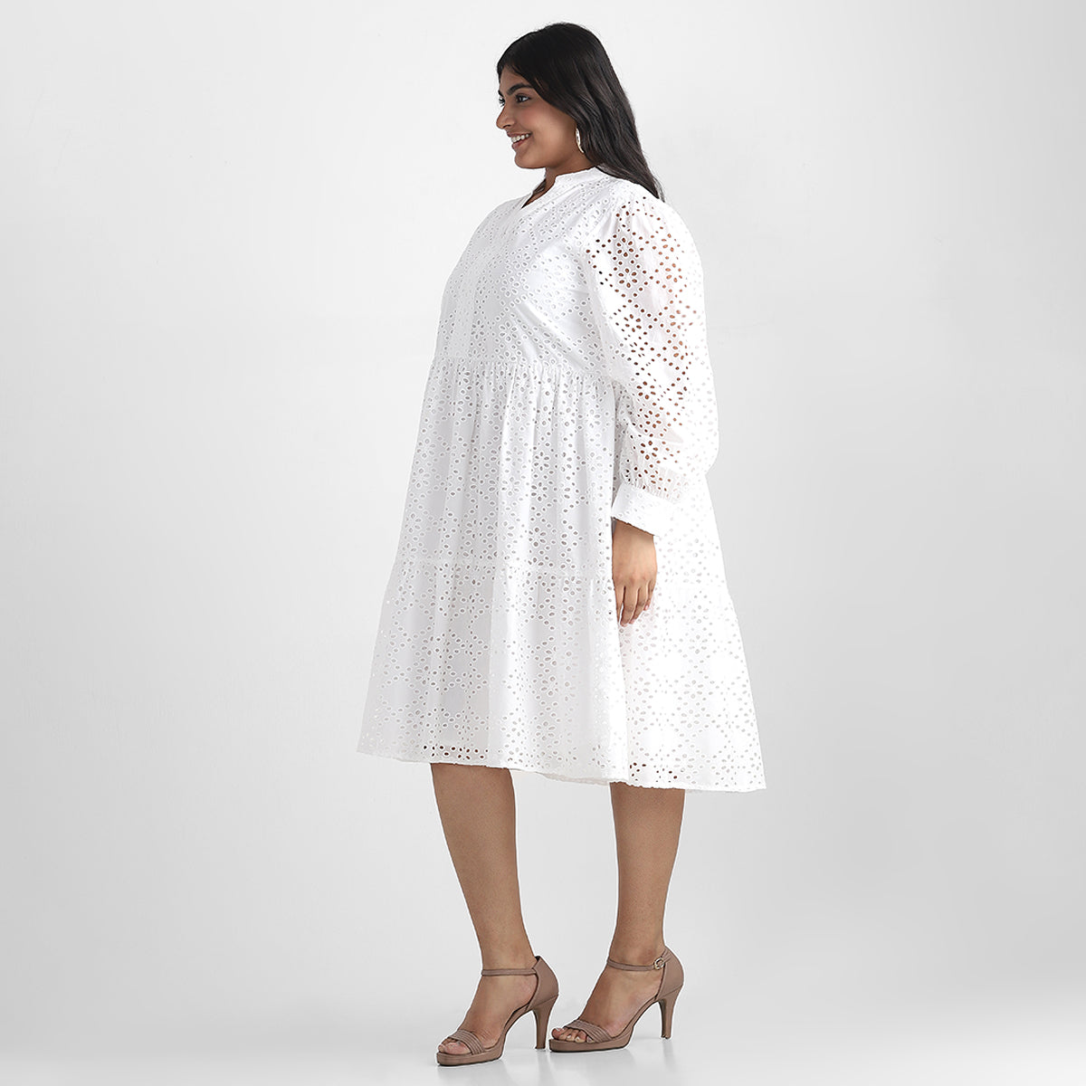 White Cutwork Schiffli Cotton Plus Size Short Dress