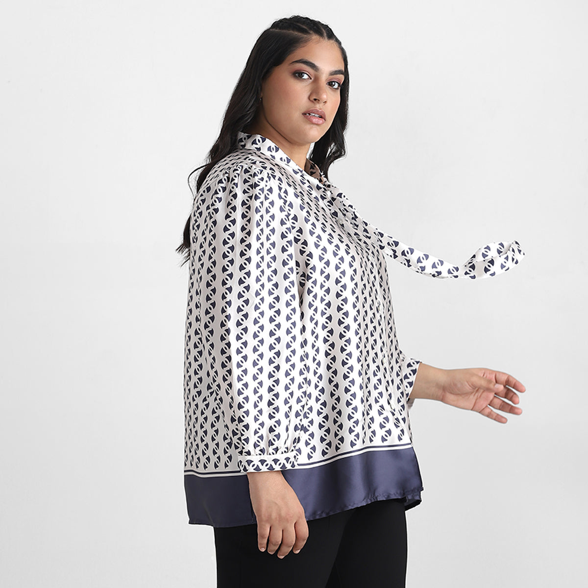 Border Print Satin Plus Size Shirt