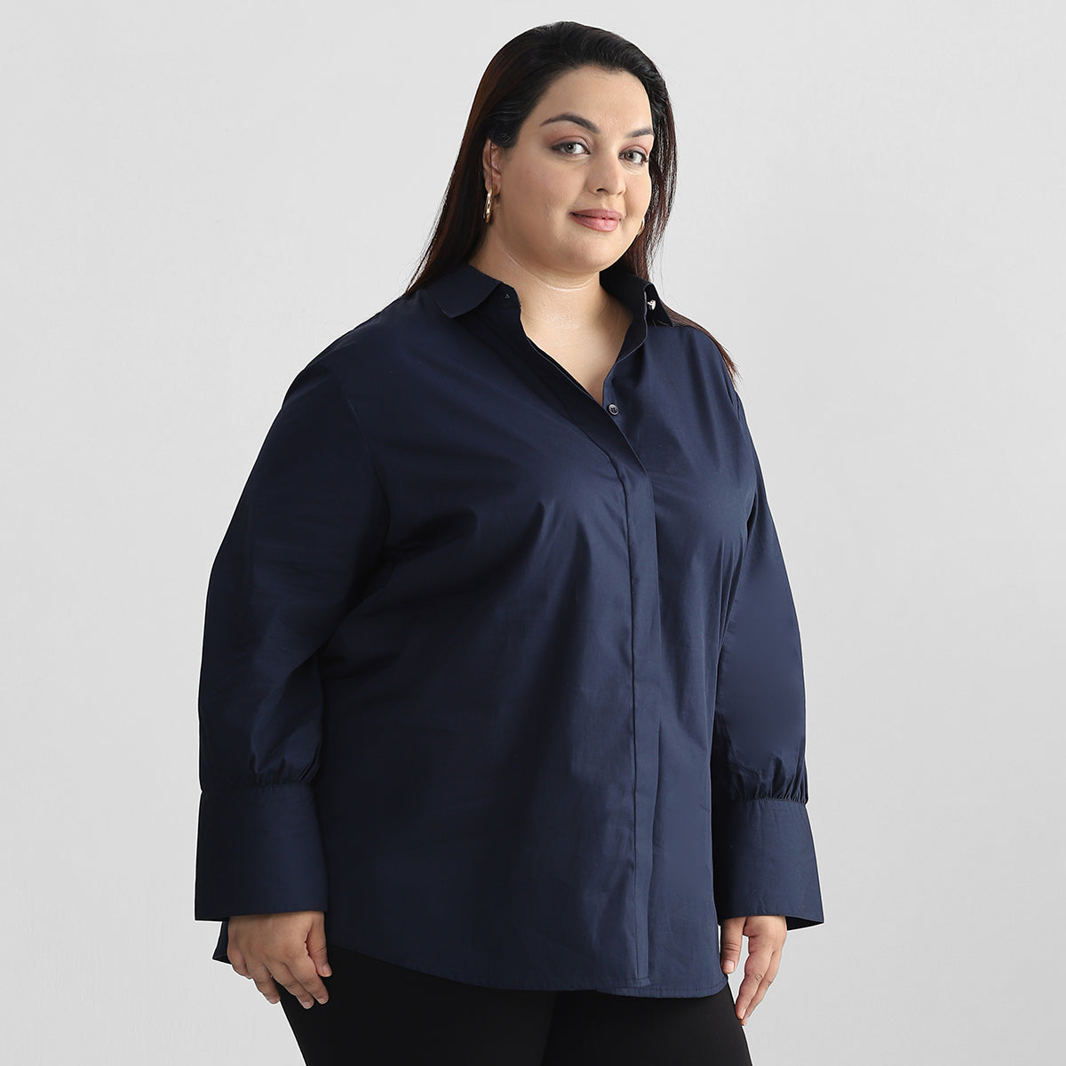 Navy Blue Cotton Poplin Plus Size Shirt