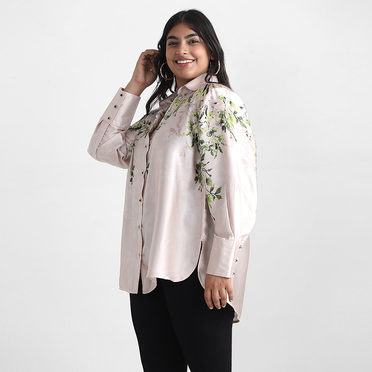 Leaf Print Plus Size Satin Basic Shirt