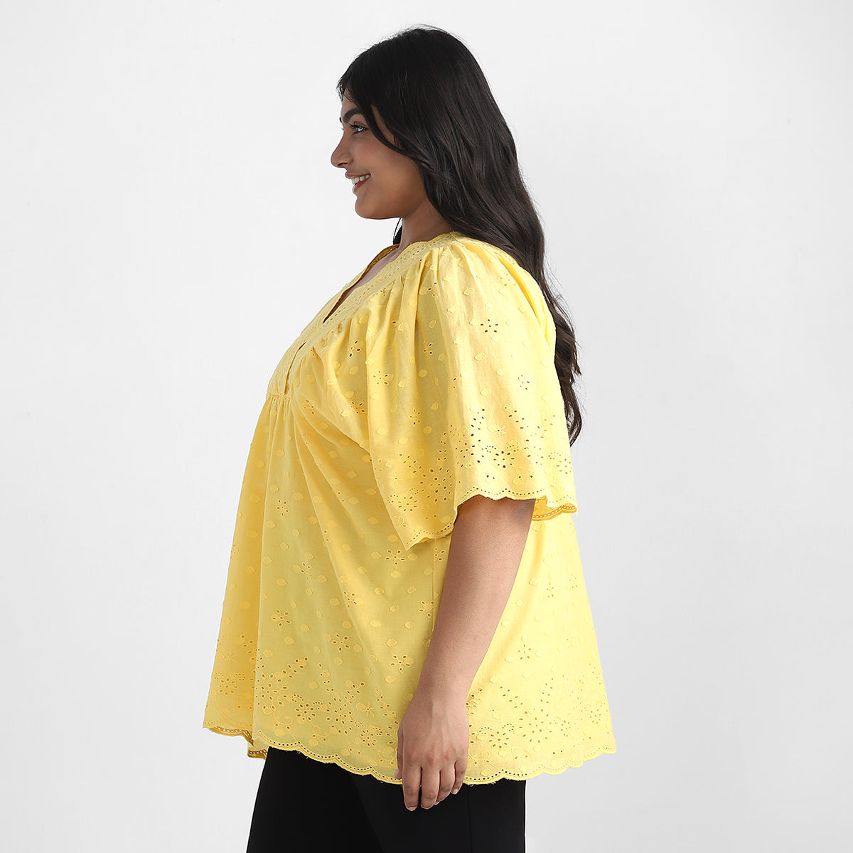 Cotton Schiffli Plus Size V Neck Top