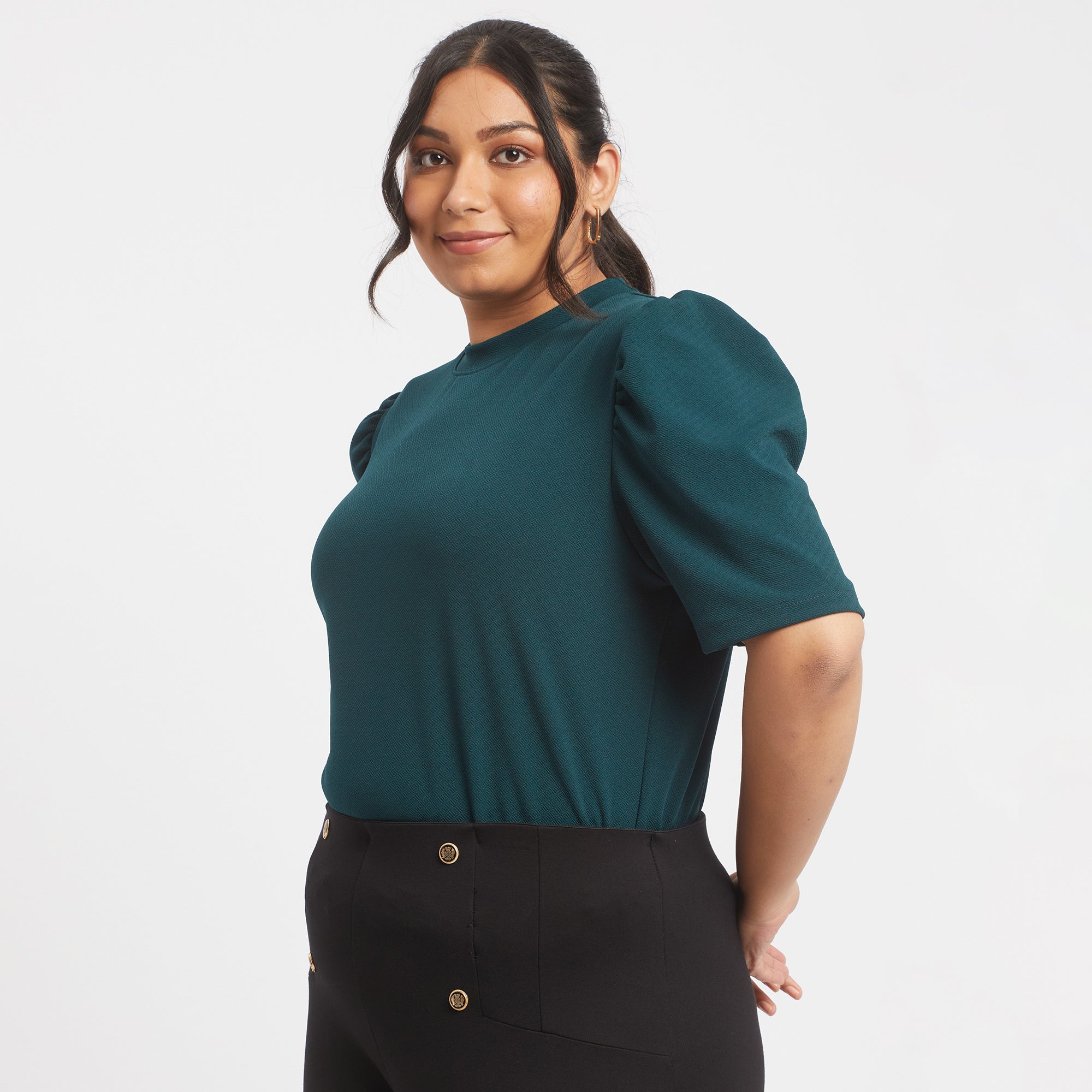 Green textured knit plus size puff sleeves top