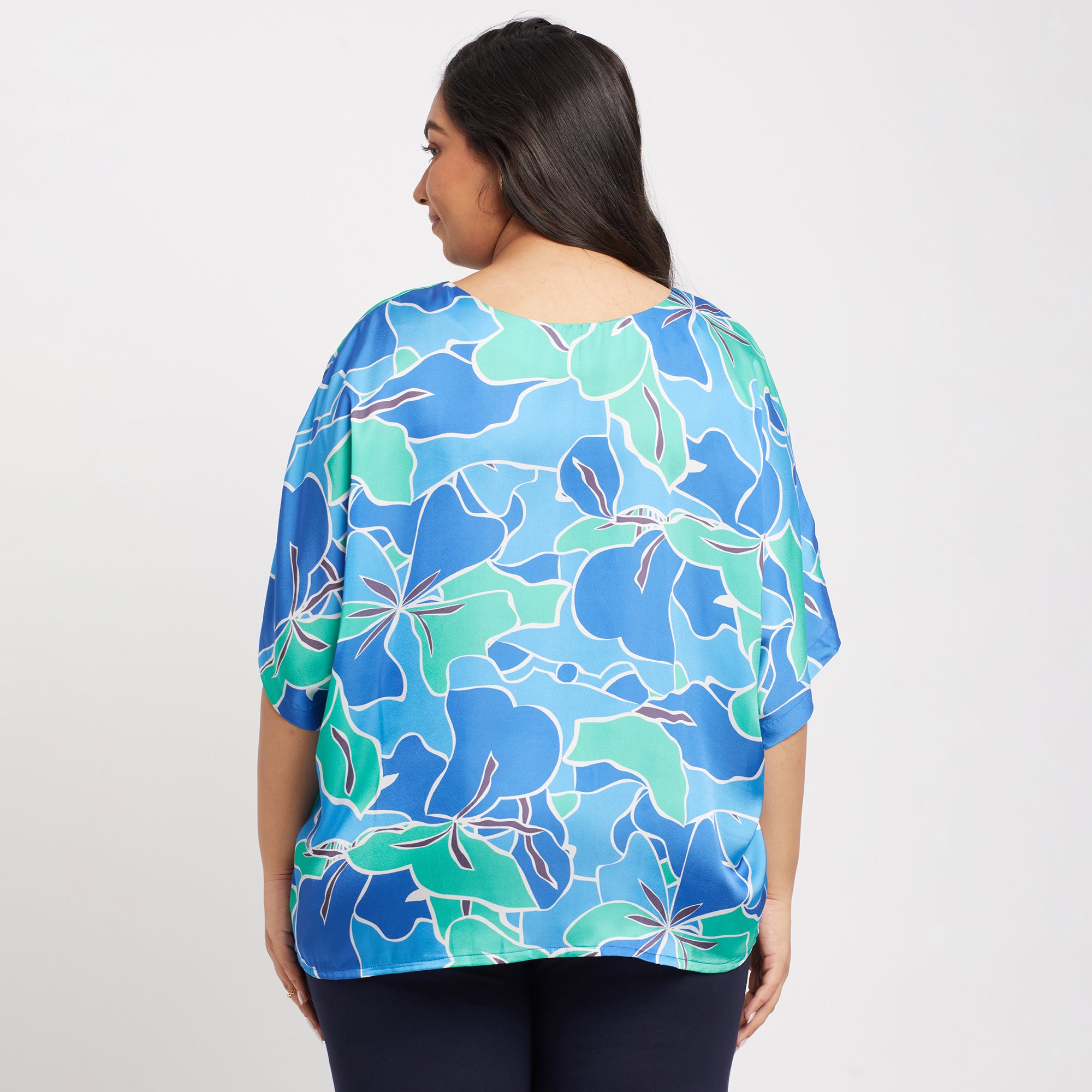 Boat Neck Satin Printed Plus Size Top