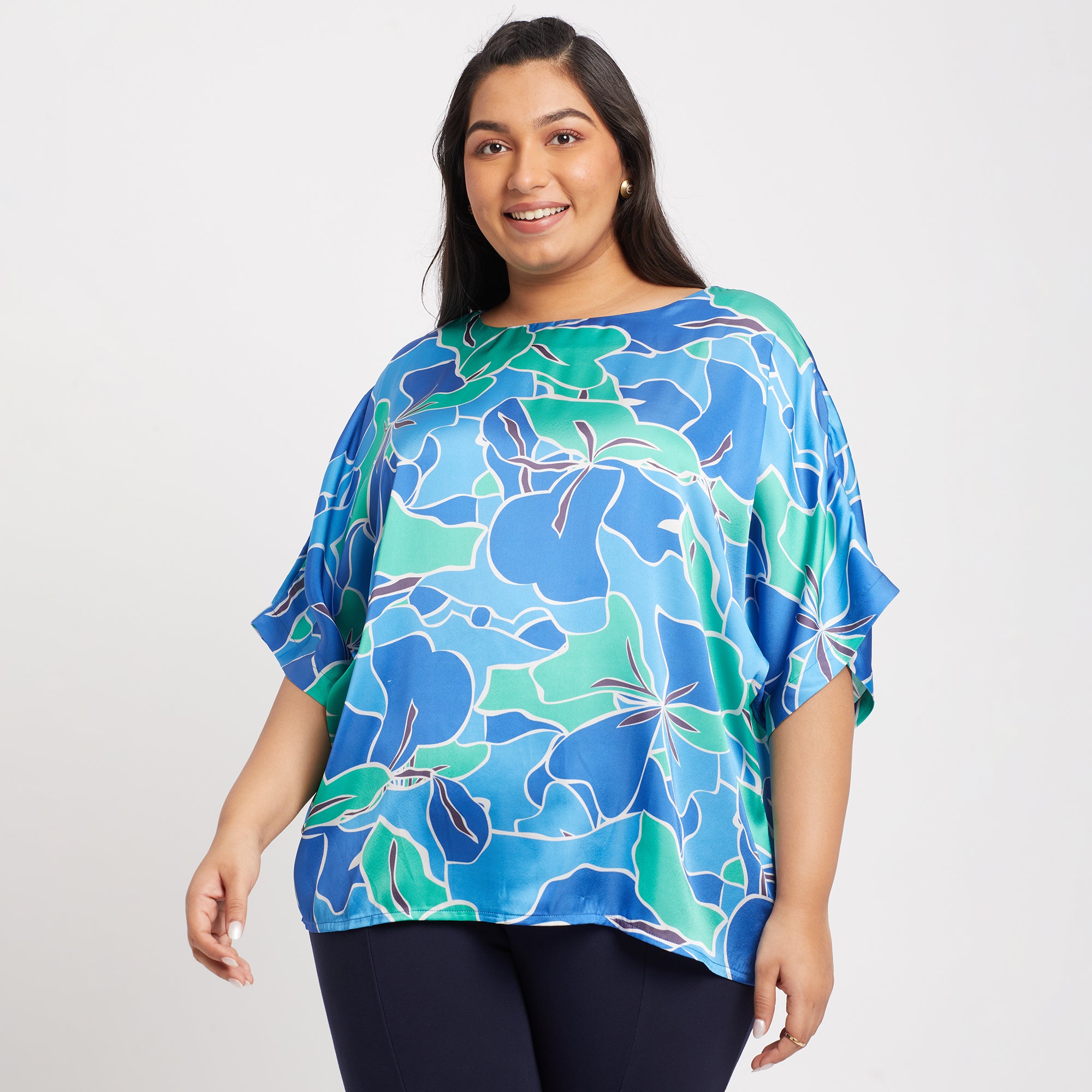 Boat Neck Satin Printed Plus Size Top