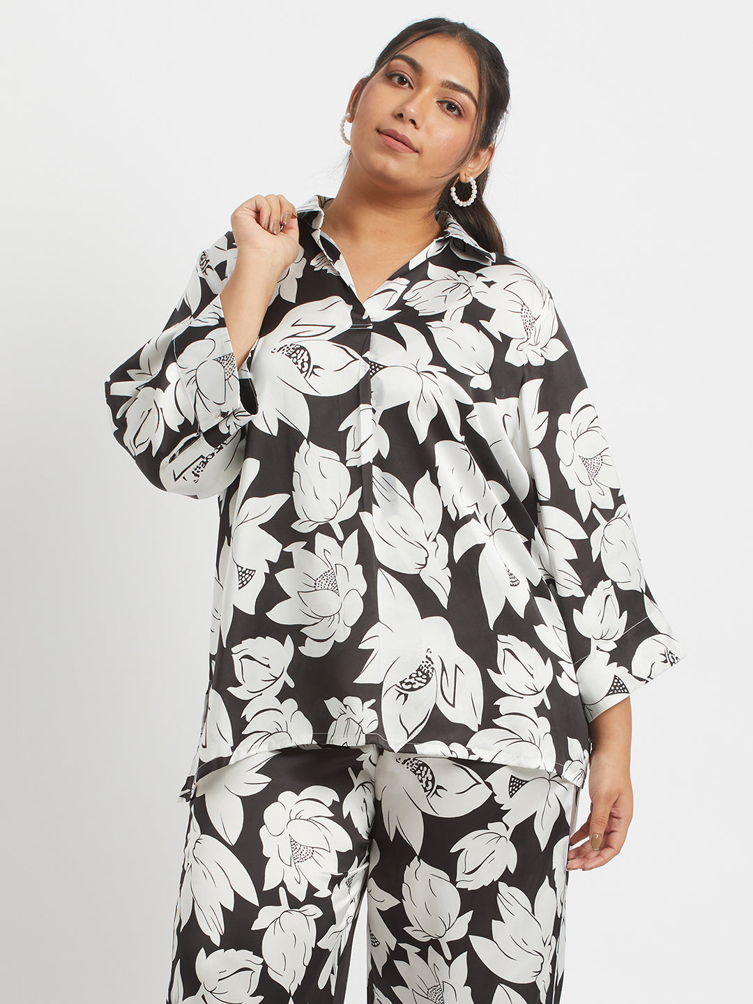 Monochrome Floral Printed Plus Size Satin Co-ord Set