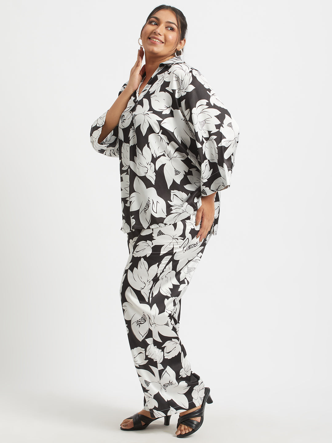 Monochrome Floral Printed Plus Size Satin Co-ord Set