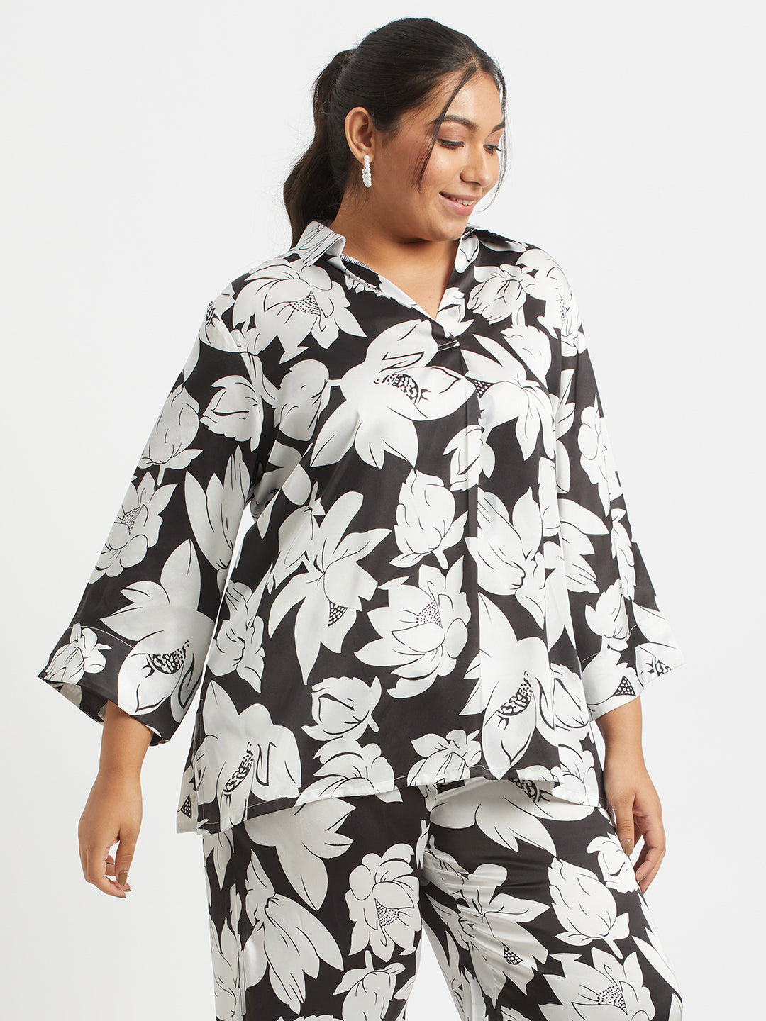 Monochrome Floral Printed Plus Size Satin Co-ord Set