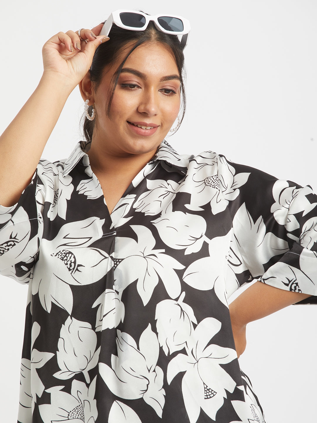 Monochrome Floral Printed Plus Size Satin Co-ord Set