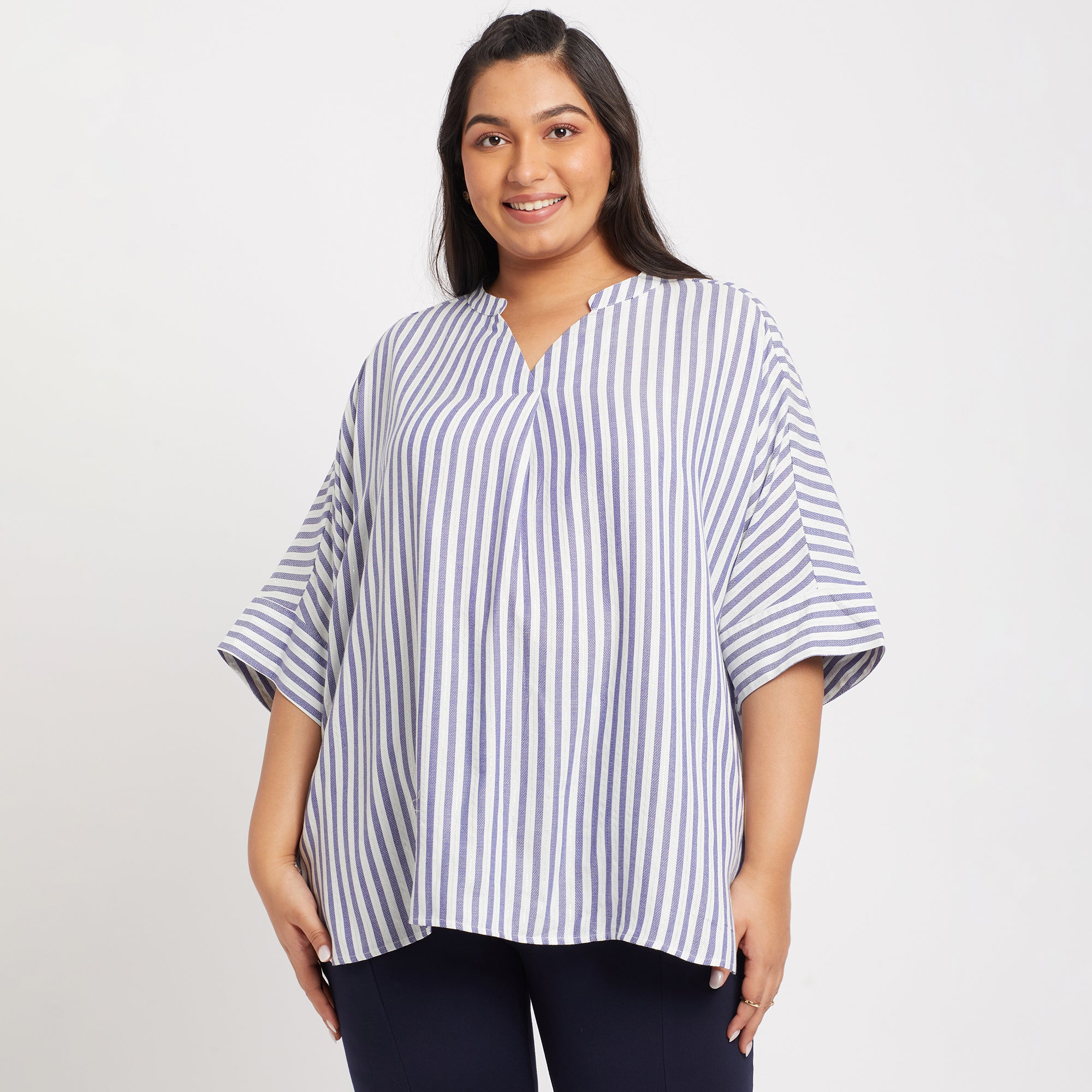 Blue Stripes Cotton Plus Size Tunic Top