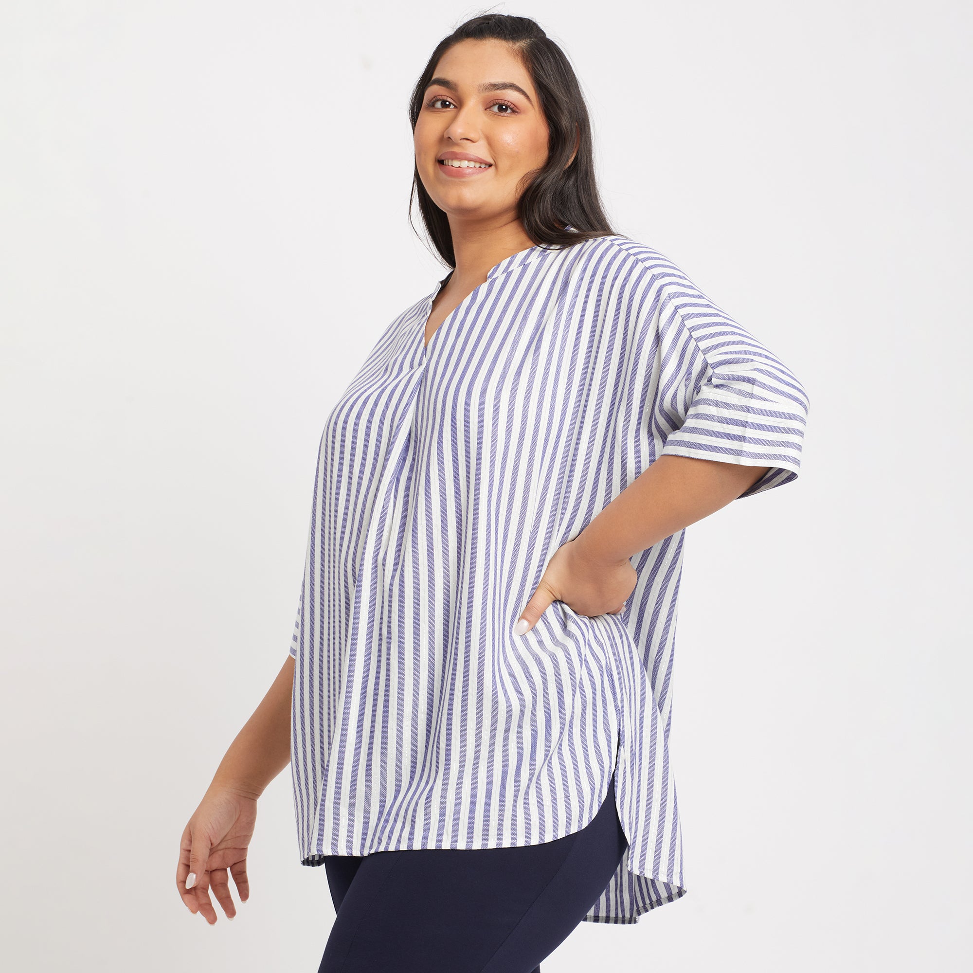 Blue Stripes Cotton Plus Size Tunic Top